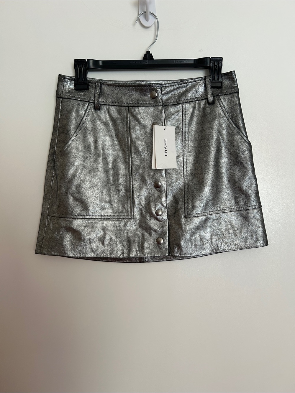 NWT FRAME Denim Metallic Silver Snap Front Mini Skirt